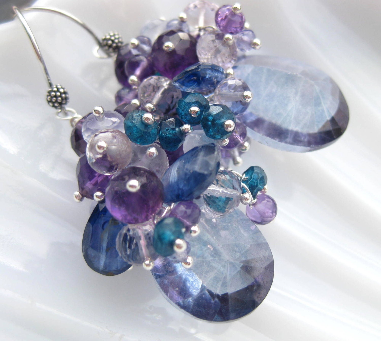 Blue quartz amethyst earrings sterling silver tanzanite chalcedony periwinkle violet beaded cluster dangle mermaid gemstone jewelry -Night-