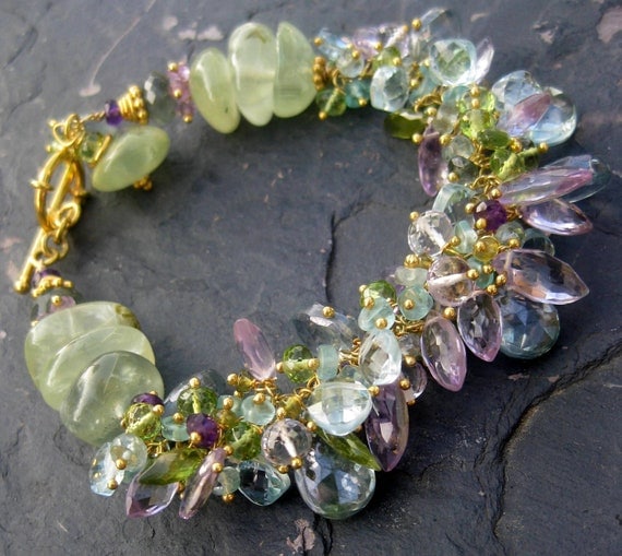 Green garnet, blue topaz Reserved in gold vermeil amethyst, peridot, apatite, blue quartz kelp mermaid bride gemstone jewelry --Moorland--