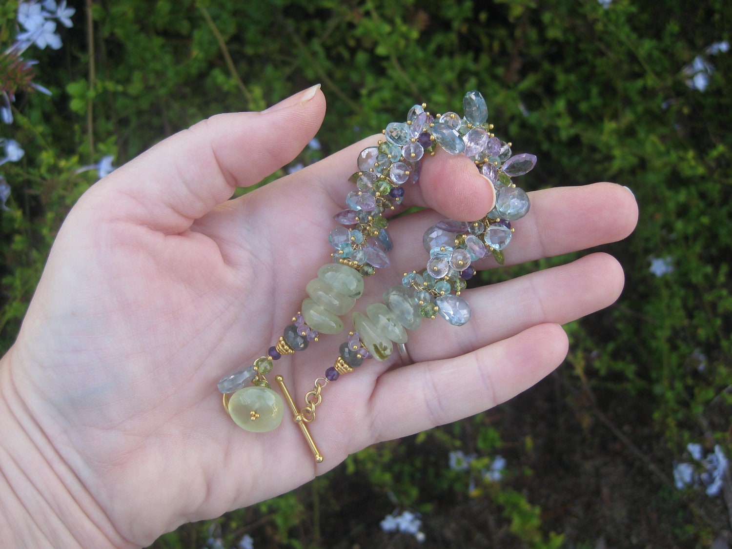 Green garnet, blue topaz Reserved in gold vermeil amethyst, peridot, apatite, blue quartz kelp mermaid bride gemstone jewelry --Moorland--