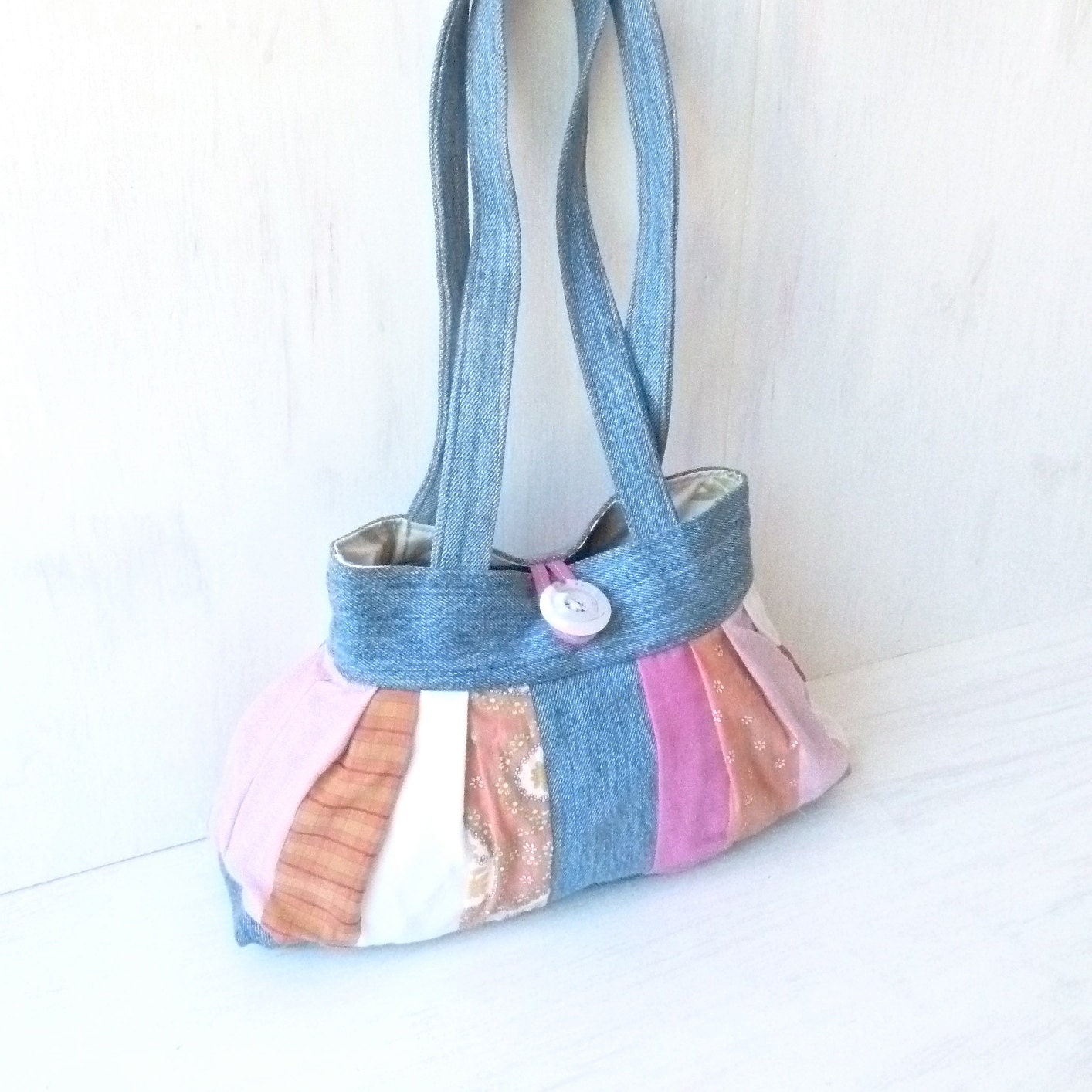 Recycled Jeans Purse - Fun Small Womens Purse - Patchwork Pleated Purse - Pink Orange Denim Bag - Cute Purse