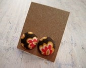 button earrings - chocolate brown with coral, golenrod and a bit of ivory