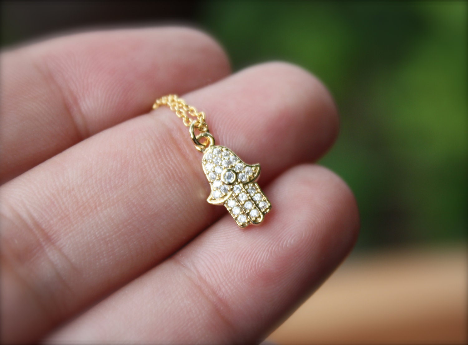 Tiny Beaded Hamsa Necklace- Gold Filled
