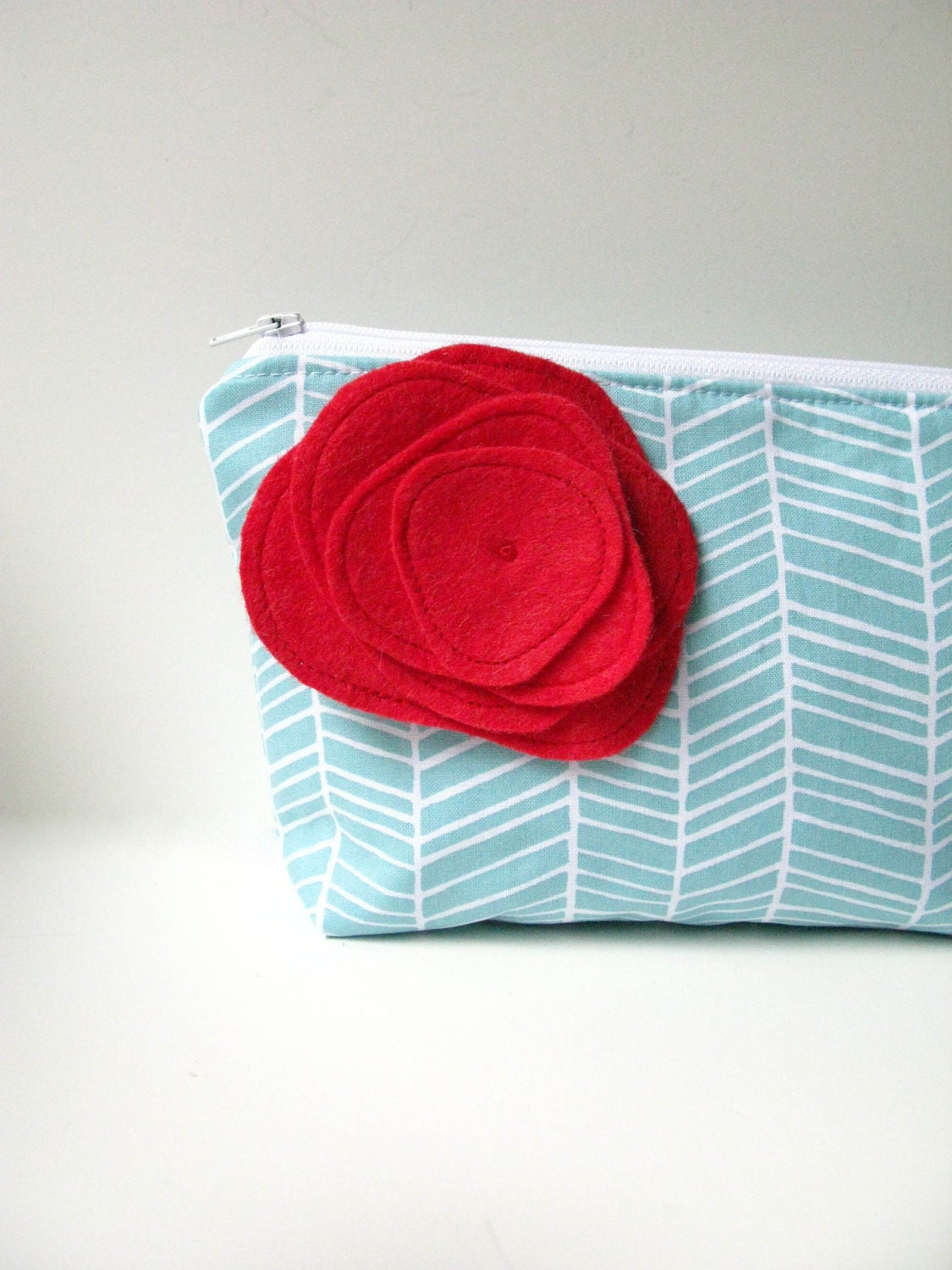 Large Cosmetic Bag and Flower Brooch Pin - Red and Aqua Herringbone Chevron, Zipper Pouch Make Up Bag