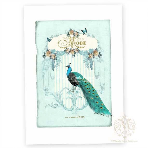 Peacock, Art Print, collage, Giclee, Roses, Vintage Style, Romantic, Blue, Shabby Chic Style