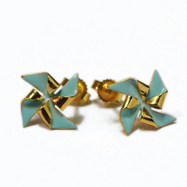Pinwheel earrings- windmill- vermeil earrings- gold- mint
