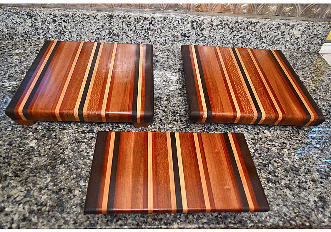 Two Handmade Wood Cutting Boards with Footed Cheese Board - The Autumn Harvest III - Bloodwood, Cherry Mahogany, Black Walnut, Lacewood