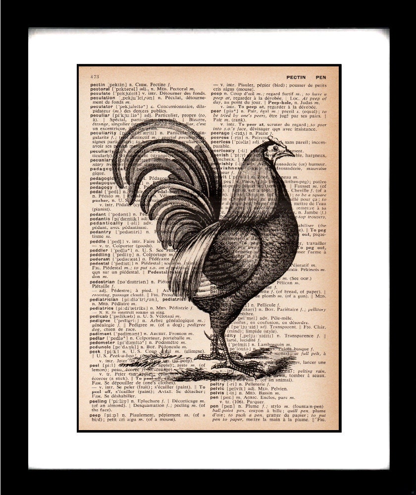 vintage DICTIONARY art print - rooster art print - rooster decor - recycled book page