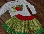 Girls custom Christmas JOY  ornament tee with skirt  in sizes  4 - 5 - 6 - 7 - 8
