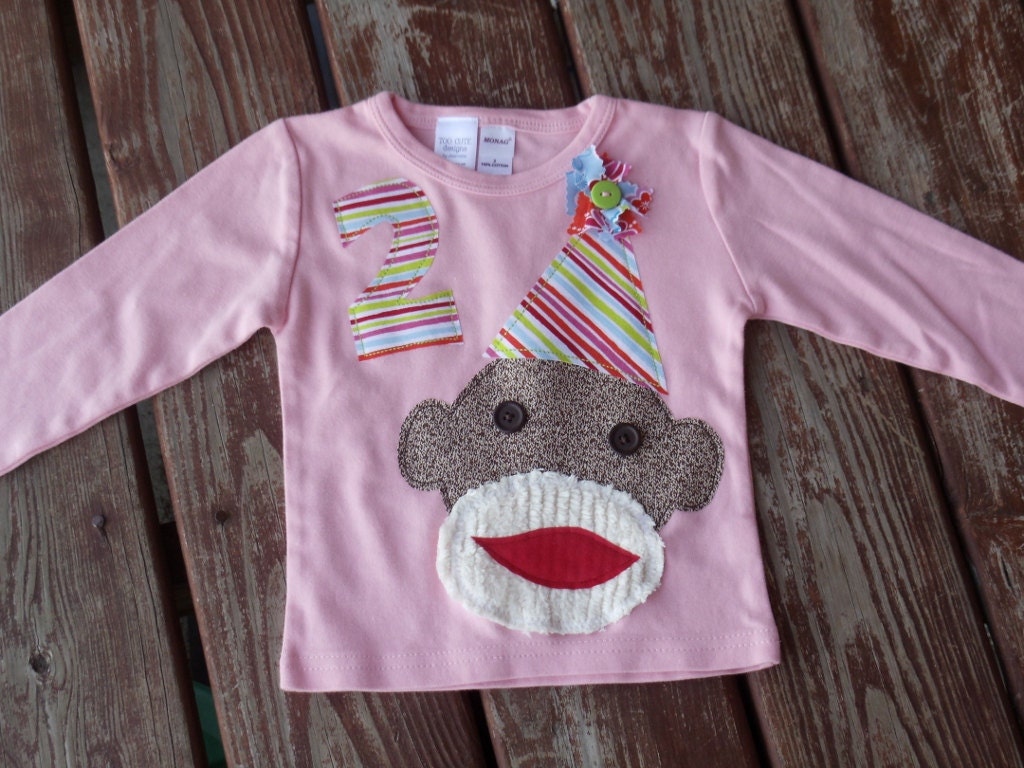 assorted colors / SHORT  or LONG sleeve -- Girls Custom Sock Monkey Birthday   T-shirt  SIZES 6-12-18-24 month  2-3-4-5-6-7-8