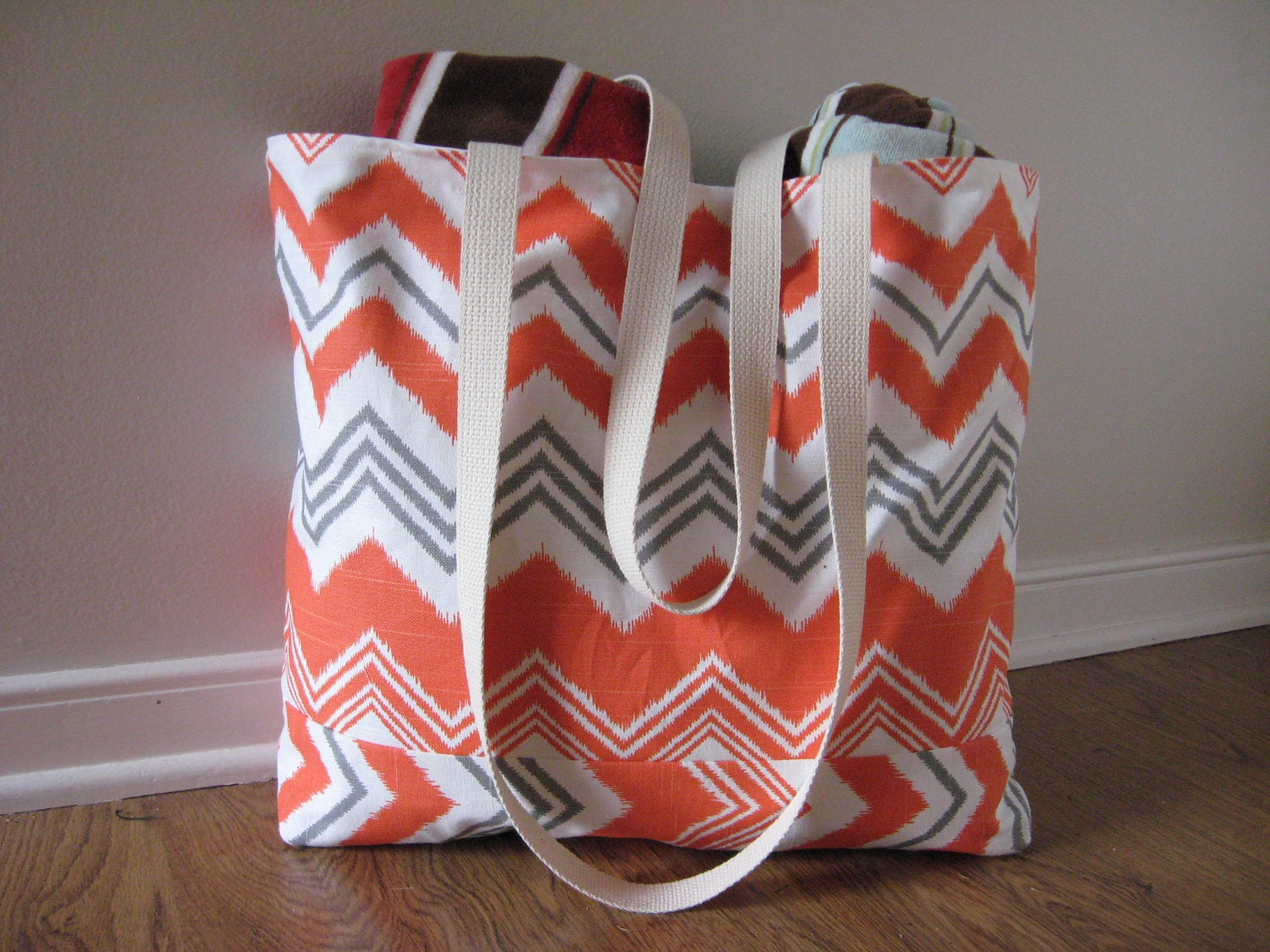Large Beach Tote, Chevron ikat Beach Bag, chevron tote bag in Orange and Gray