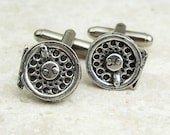 Fly Fishing Reel Cufflinks. Antiqued Pewter and Silver Cufflinks