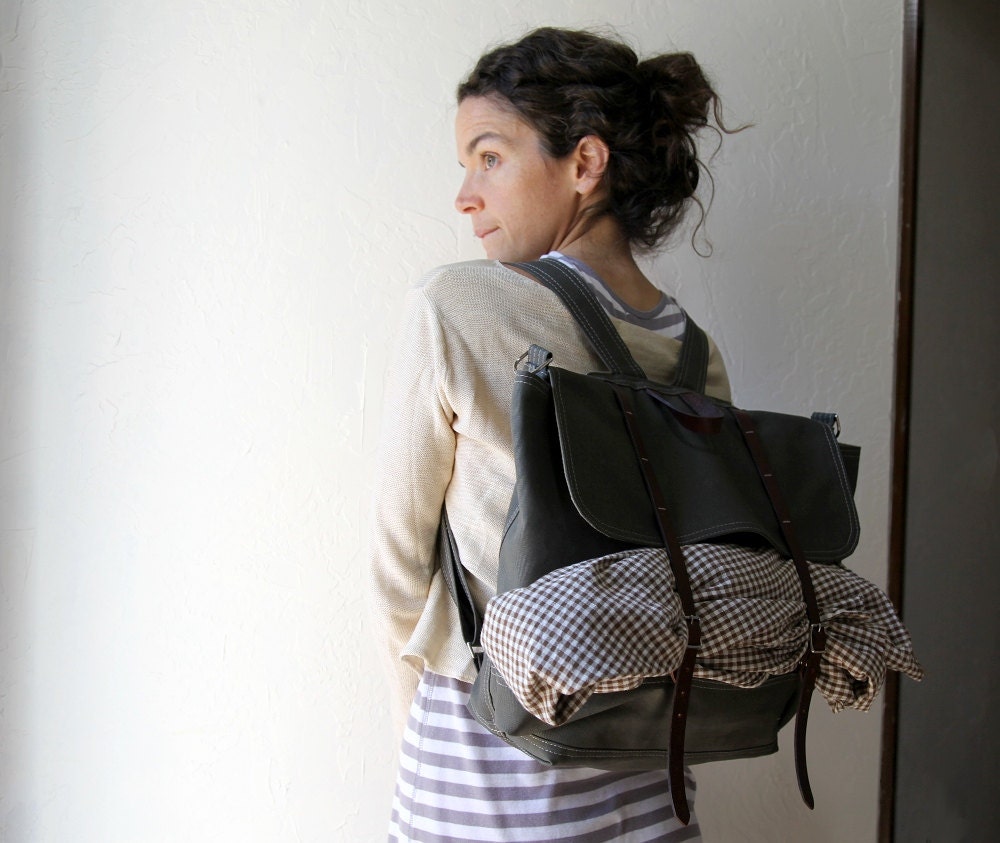 The Rucksack // Backpack in Dark Olive Green Canvas and Leather