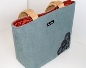 Zaria Fire medium Maris Rae Tote/ purse/ sturdy teal corduroy/ gold buttercup/ faux suede handbag/ burnt orange lining/ many pockets