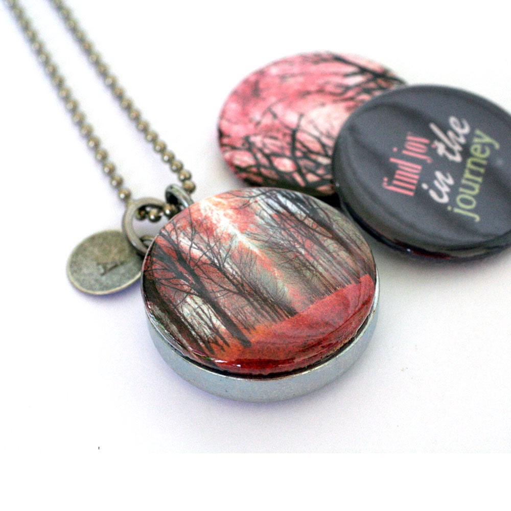 Journey Silver Locket - Treeline, Forest, Magnetic, Custom Stamped Initiial, Typography Locket by Polarity - Raceytay Collection