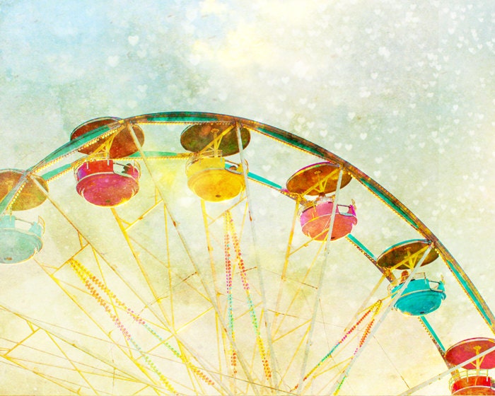 Carnival Photography, nursery wall art, ferris wheel, dreamy, blue green, hearts, bokeh, baby, whimsical art - Into the Light 8x10