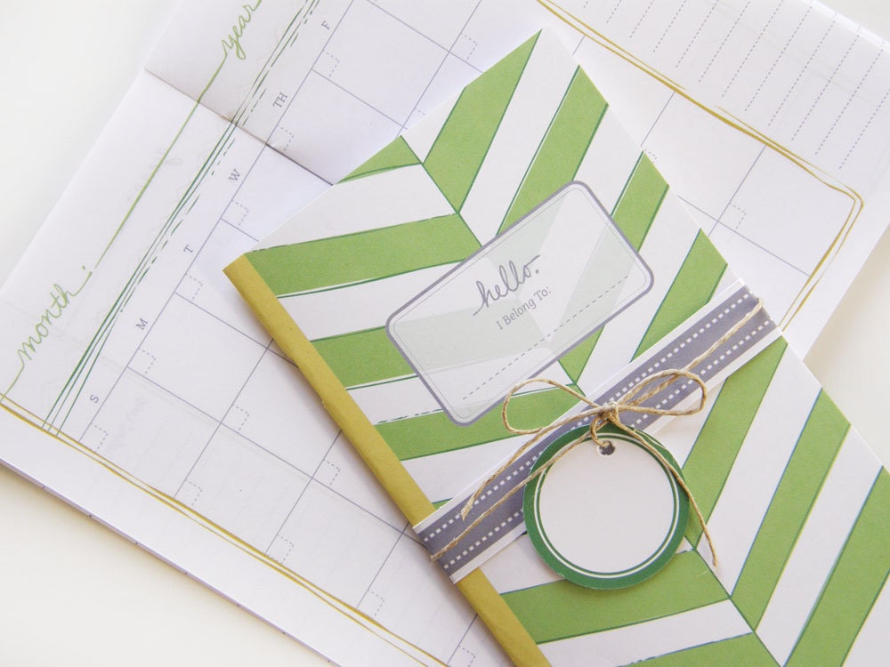 Printable Calendar and Matching Gift Tags ( PDF Blank Inside Booklet) - Green and Yellow Herringbone