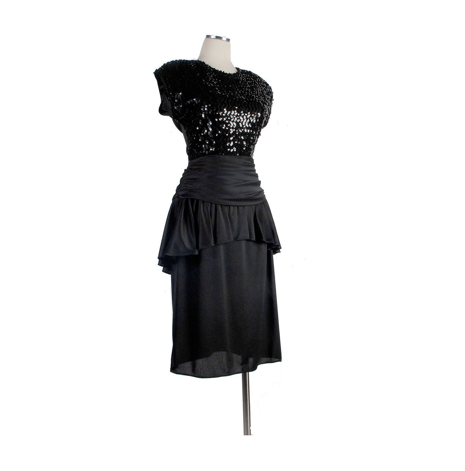 SALE Vintage 70s 80s Black Jersey Sequin Disco Glam Dress w Peplum