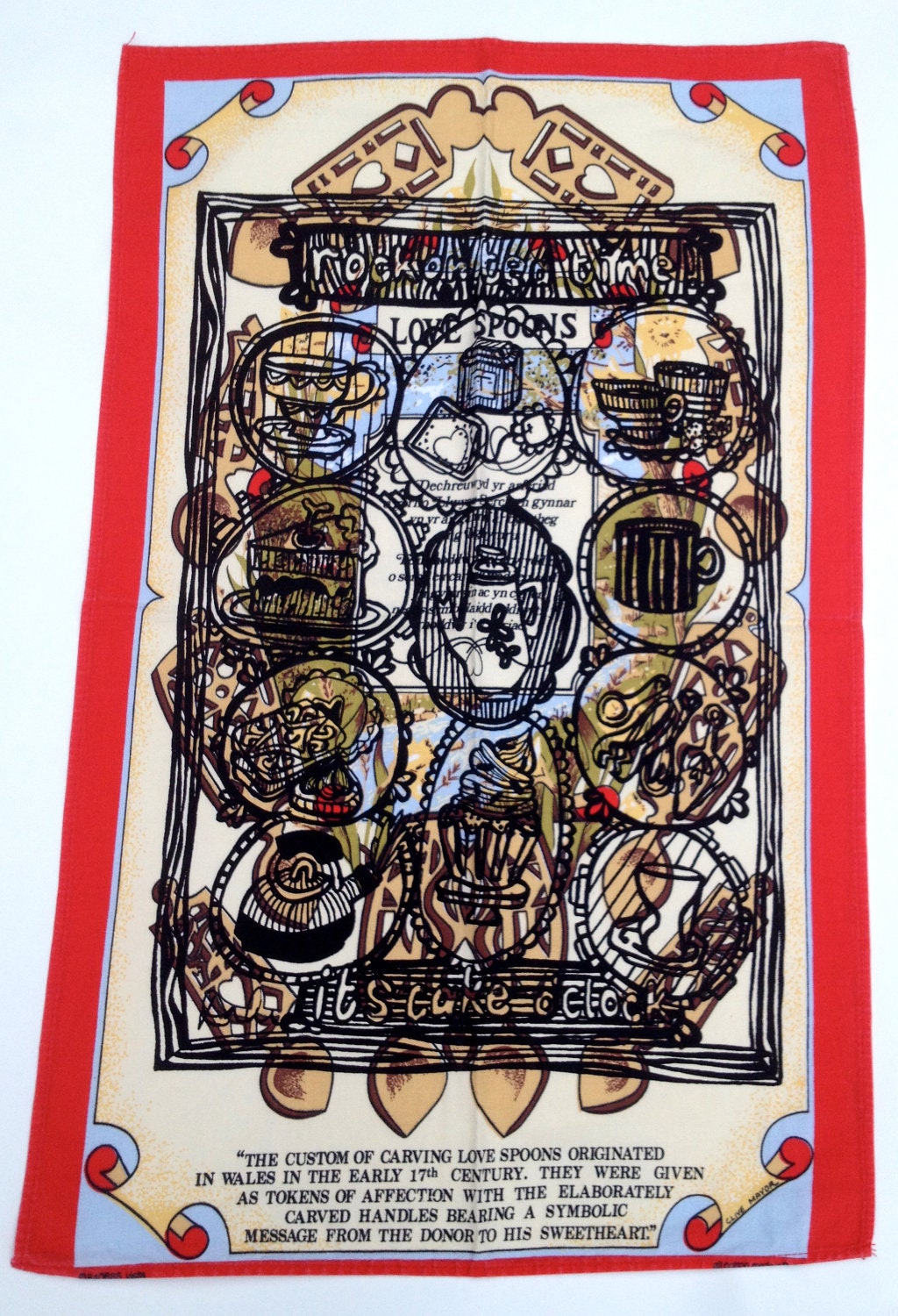 Upcycled Vintage Red 'Rock on Tea Time' Illustrated Tea Towel