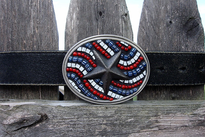 SALE Mosaic Belt Buckle-THE PATRIOT-American Flag and Iron Star