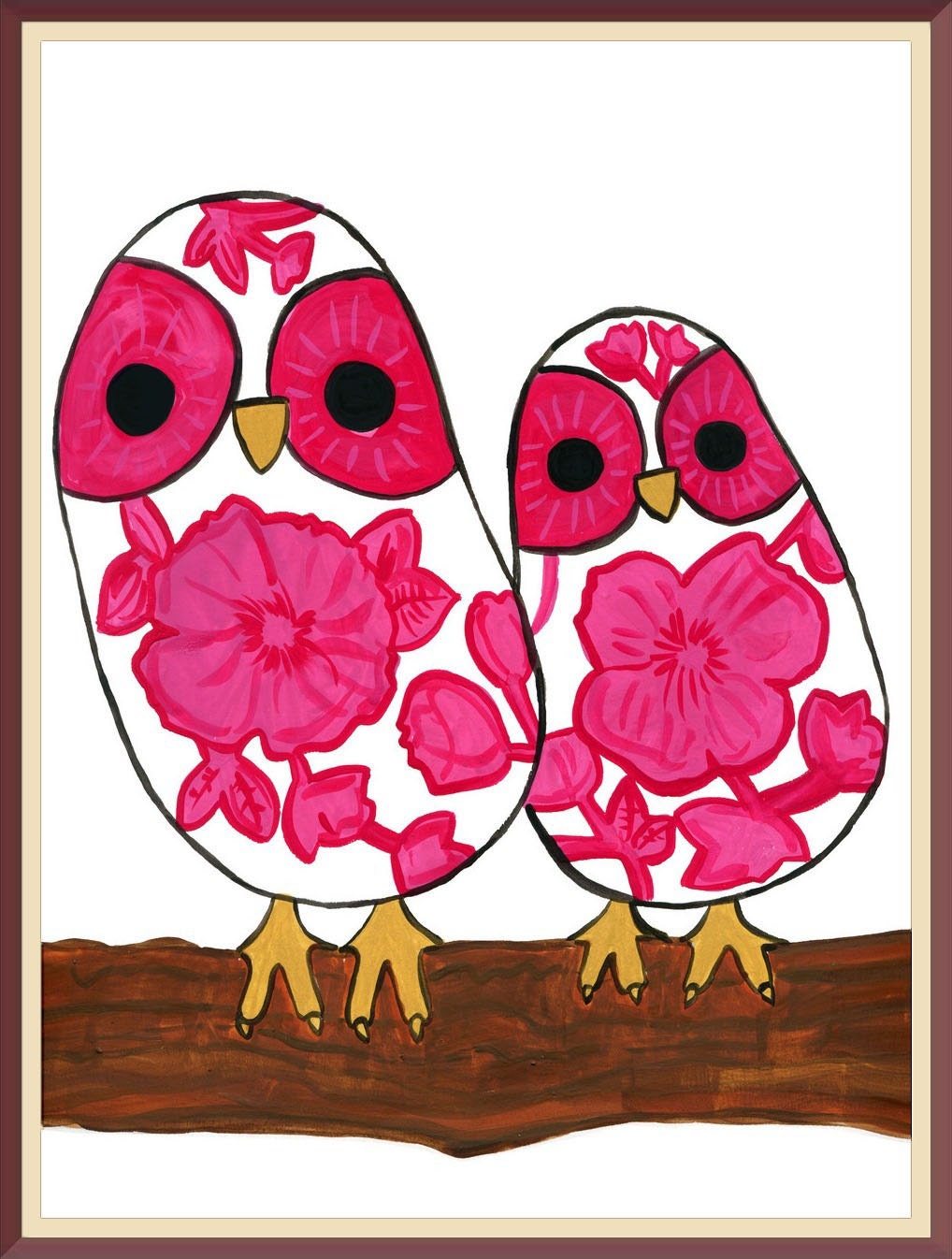 Nursery art, Diamond and Chica, owl illustration, animal illustration, children's art