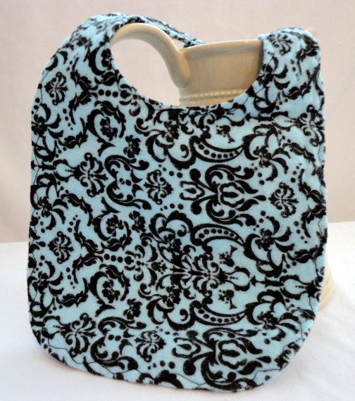 Baby Bib Cotton Flannel - Black & Blue Damask
