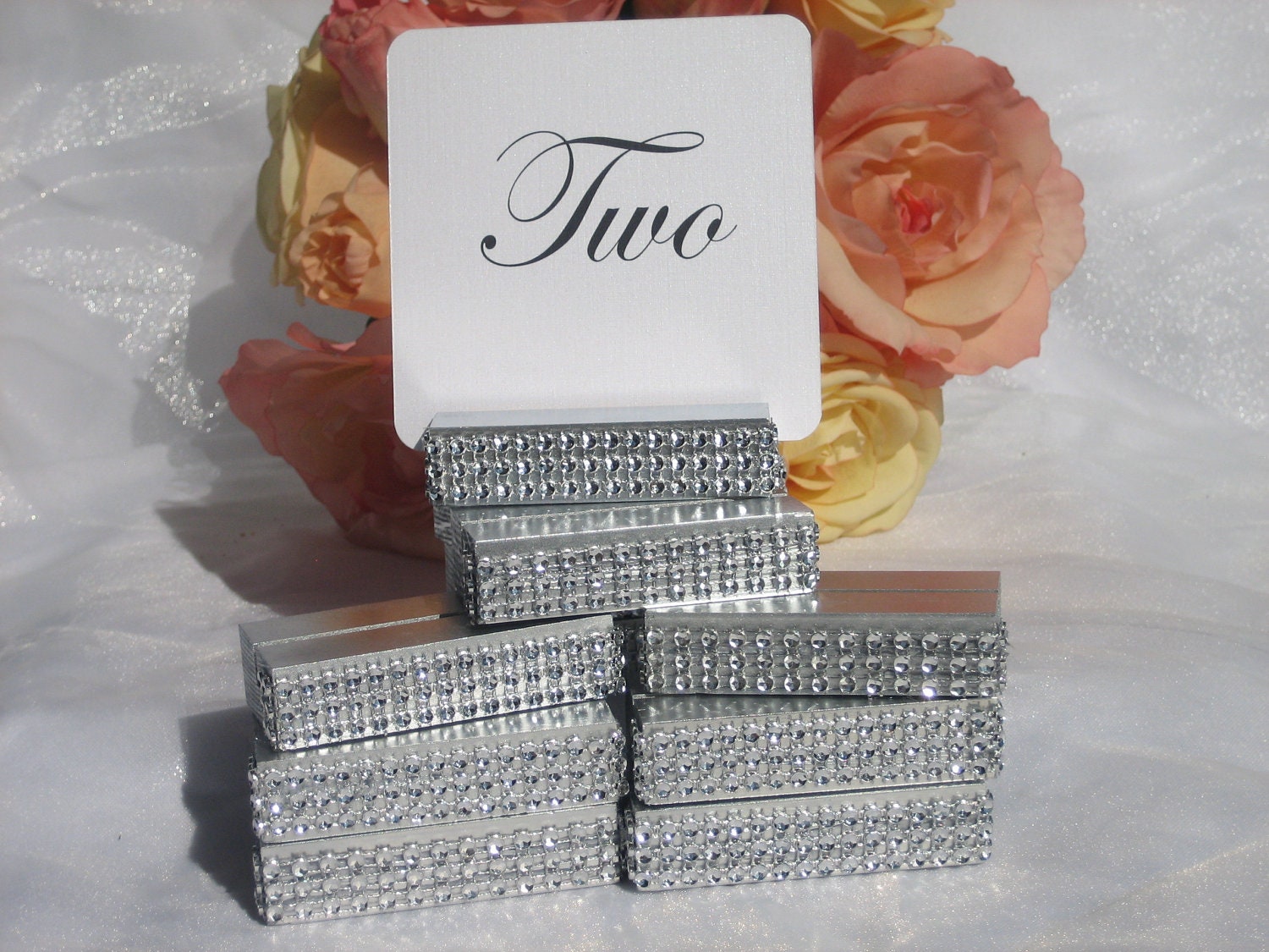 Silver Wood Table Number Holders trimmed with a rhinestone bling wrap- Set of 25