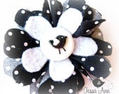 Black & White Bird- Fabric Flower- Hair Clip with custom handmade button