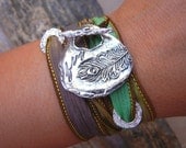 Bohemian Jewelry, Silk Wrap Bracelet, Bohemian Style Fashion, Peacock Feather Jewelry, STERLING Silver Silk Ribbon Bracelet in Green n Brown