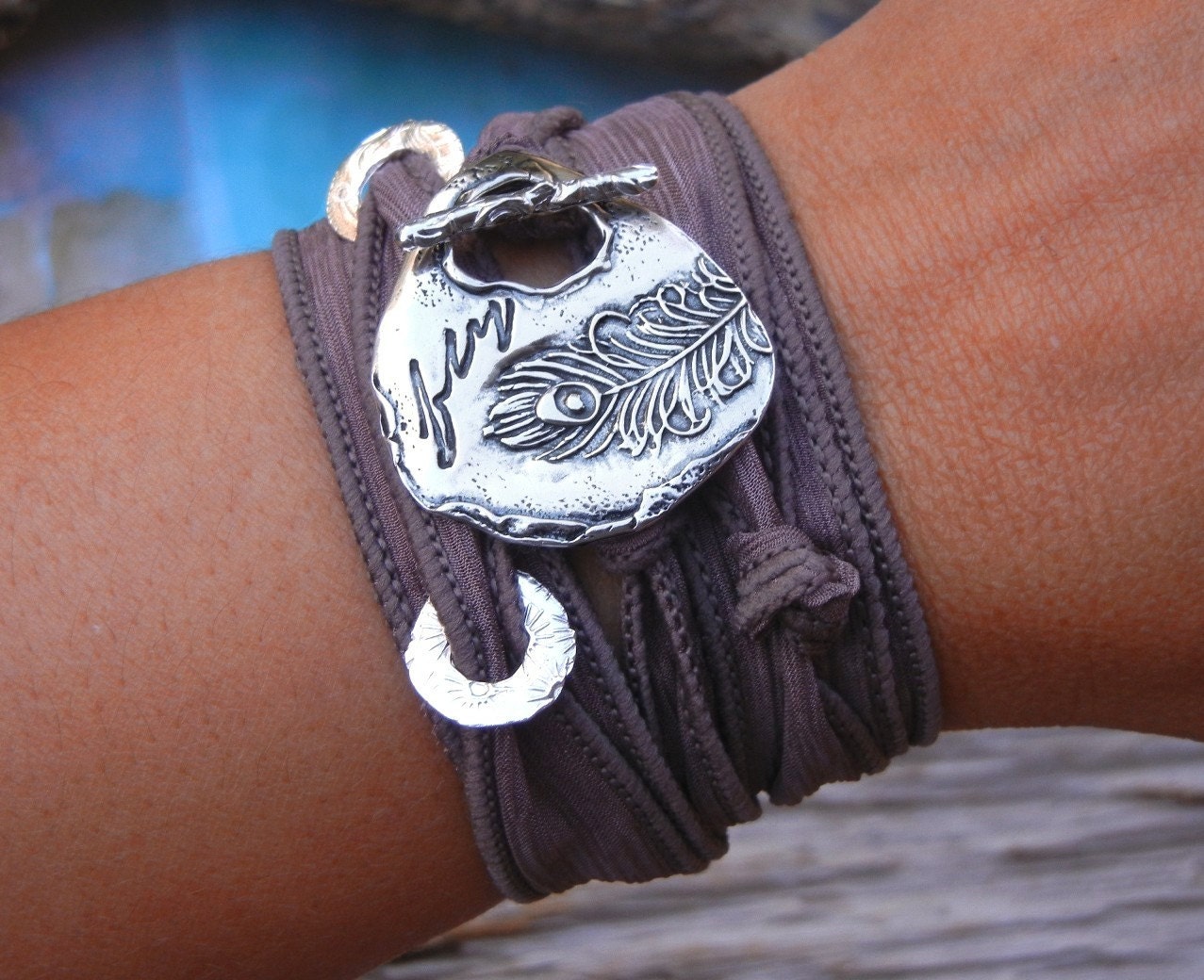 Spring Jewelry, Spring Fashion Accessory, STERLING Silver Silk Ribbon Bracelet, Peacock Feather, Adjustable, Unique Feather Jewelry, Brown