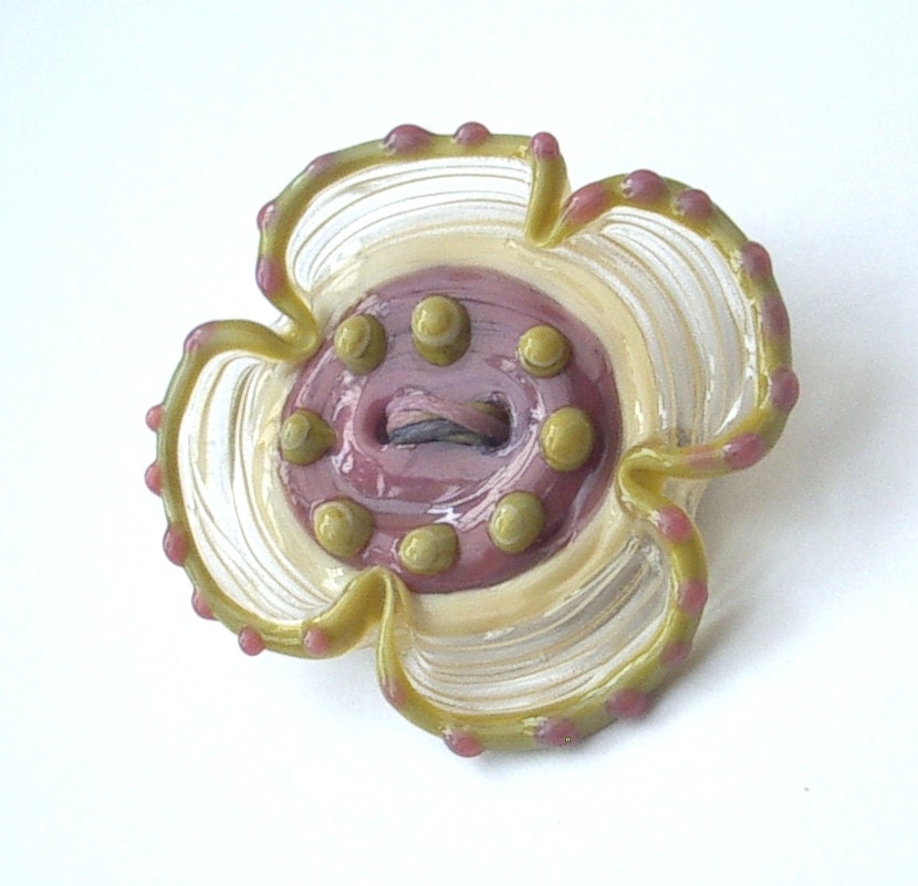 Lampwork Glass pink  and Green Flower Button - Brooch