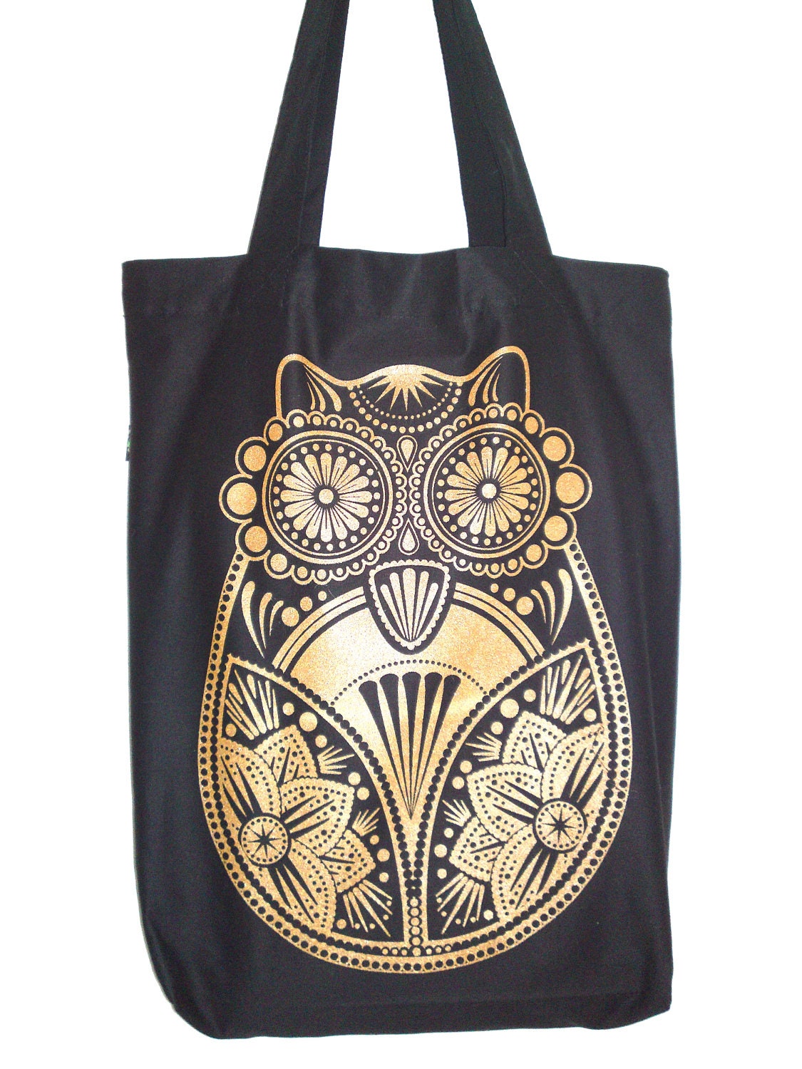 Gold Sugar Owl Screen Printed Black Tote Bag - NEW Organic Cotton