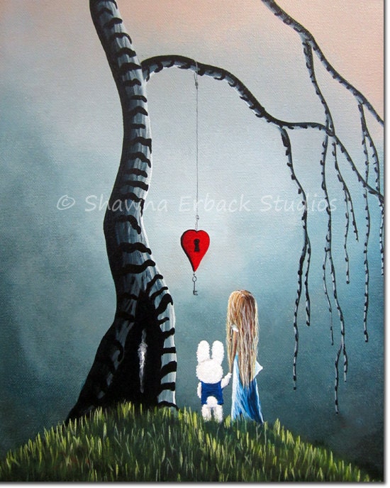 Alice In Wonderland art print by ERBACK fantasy fairy tale Whimsical White Rabbit Heart Crazy Tree