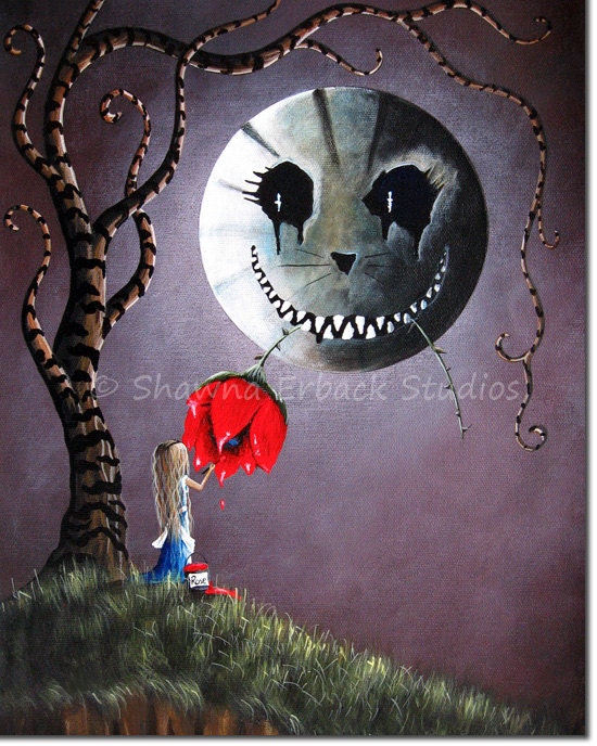 Alice In Wonderland art print by ERBACK fantasy fairy tale CHESHIRE CAT moon roses whimsical