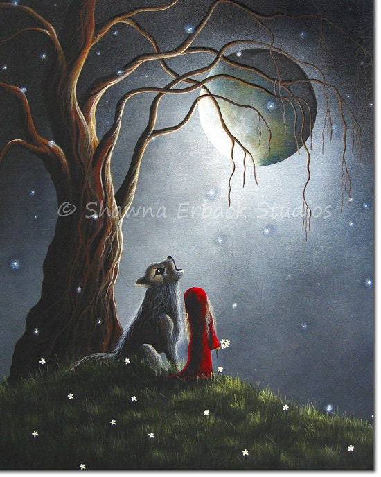LITTLE RED RIDING Hood art print erback Gothic Fantasy Wolf Howling Moon fireflies red cloak