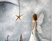 CHRISTMAS ANGEL fairy ART Print by erback beautiful white faery wings star snow 5x7 Holiday Decor