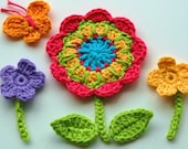 Crochet Flowers with leaves, butterfly and stems -  Crochet Garden Series