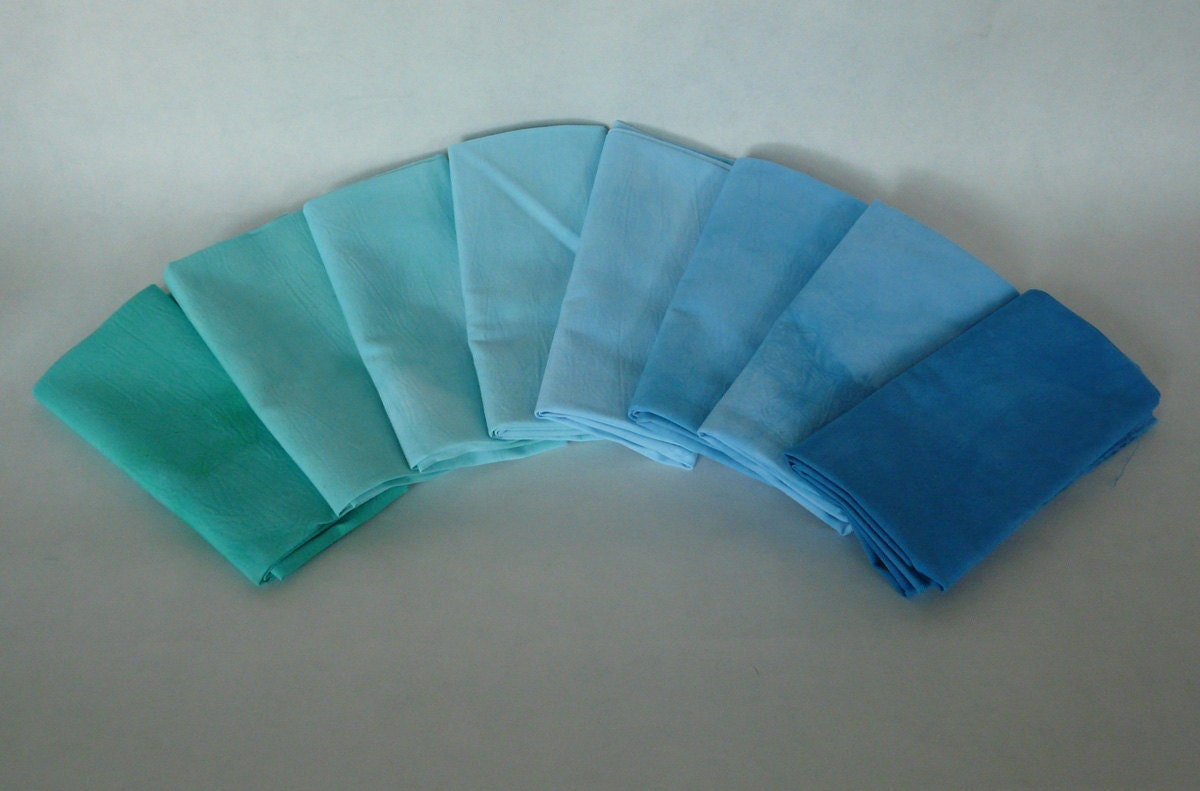 hand dyed cotton fat quarters, 8 kelly green to cerulean blue, ombre