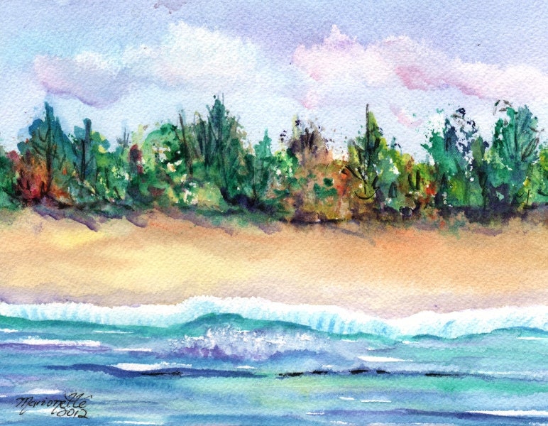 Kauaii Beach Original Seascape Watercolor Painting from Kauai Hawaii
