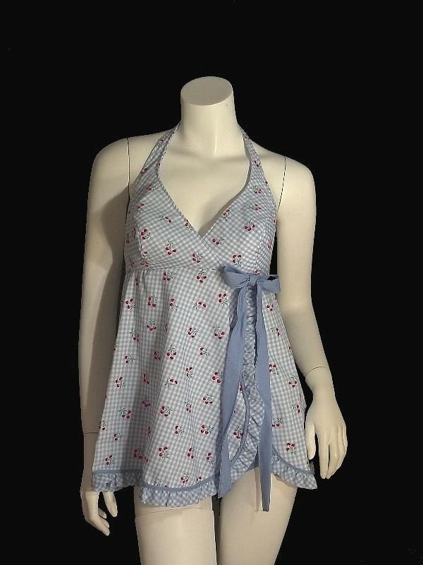 CHERRIES Novelty Print Vintage Gingham Rockabilly Lounging HALTER Swimsuit