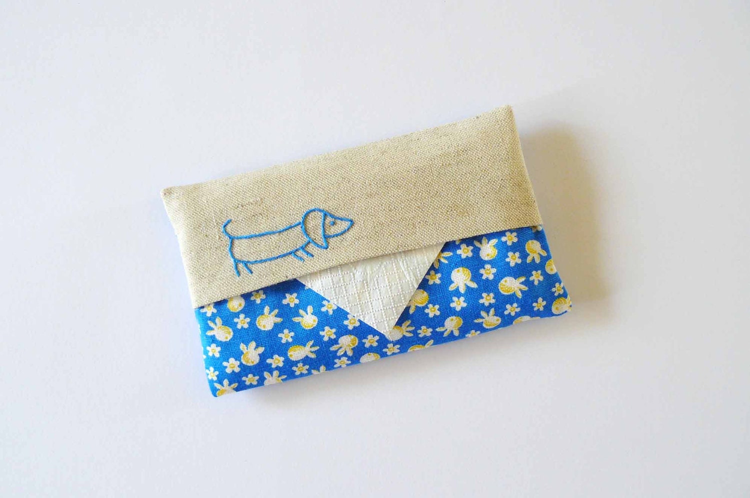 Sausage dog dashchund bright blue Hand Embroidered Tissue Holder