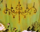 green and pink with chandelier