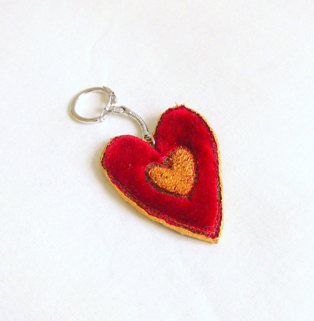 Keyring heart red velvet golden hand crafted unique