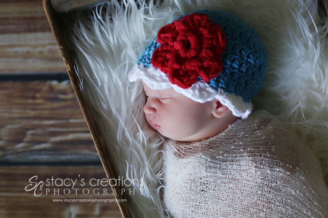 Crochet Baby Girl Hat, Patriotic Baby Hat, Crochet Baby Hat, Baby Sun Hat, Crochet Baby Beanie, Newborn Hat, Infant Hat, Blue