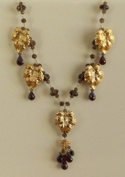 Garnet Smokey Quartz and Citrine Drop Necklace - Vintage Leaf Design