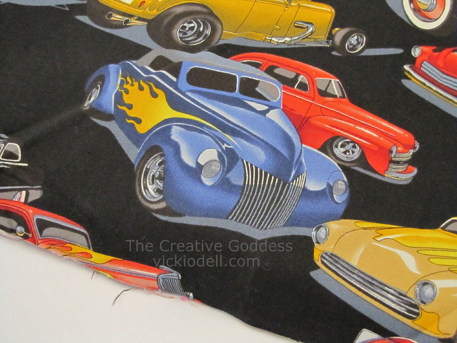 1 YD Chop Top Hot Rod Race Cars Bucket Coupe on Black Alexander Henry Fabric