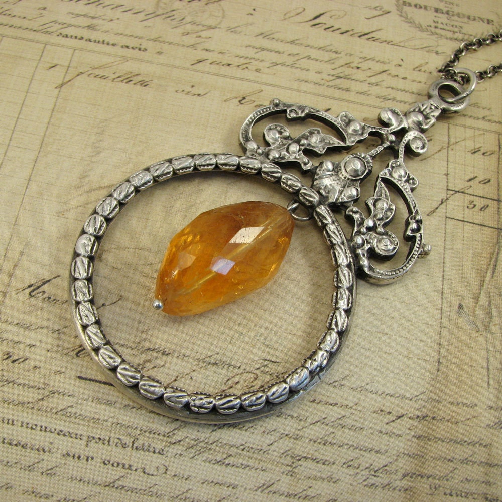 Sterling Silver and Citrine Magnifying Glass Frame Necklace, long