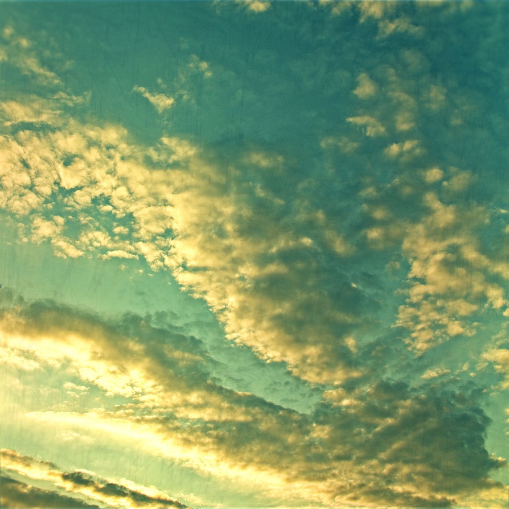Sunset photo, cloud print, home decor, sky photo, summer sky, puffy clouds, green, turquoise, surreal, dreamy - 8x8