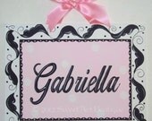 Pink black white Leaf Vine Scroll flourish Custom Canvas letter name wall sign door art damask dots painting