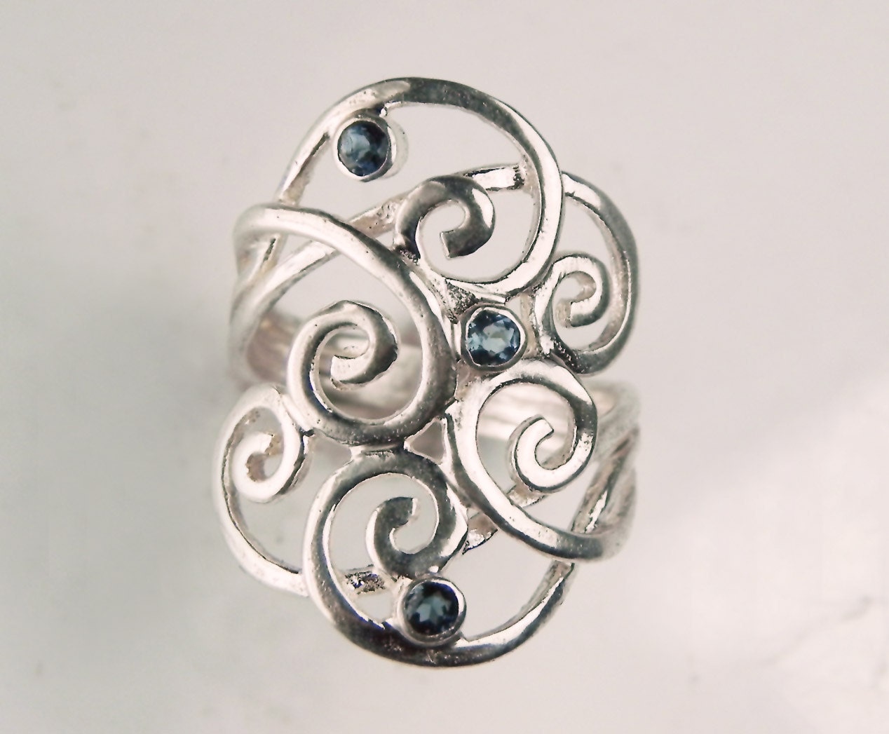 Teal Blue Topaz Ring - Swirl Ring - London Blue Topaz Jewelry - Silver Gemstone Wave Ring - Unique Sterling Silver Spiral - Birthstone Ring