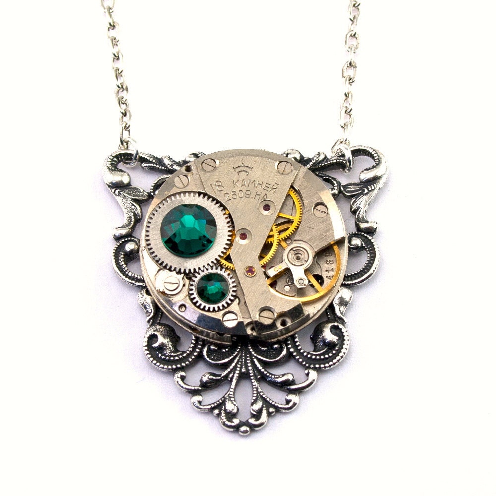 Steampunk Necklace - Gorgeous Vintage Clockwork Pendant with Emerald Green Swarovski Crystals - PROMPTLY SHIPPED - Steampunk Jewelry